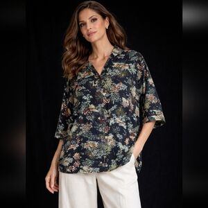 CAROLE LITTLE ASIAN FLORAL PRINT OVERSIZED BLOUSE COTTON BLEND Size MEDIUM